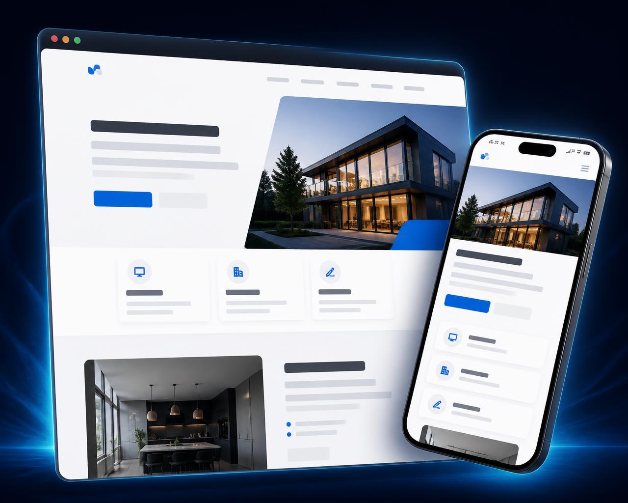 Layered desktop and mobile website mockups showing a modern small-business site design
